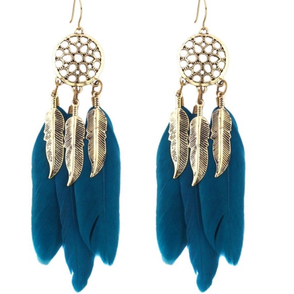 Gypsy Boho Tibetan Blue Feather Earrings